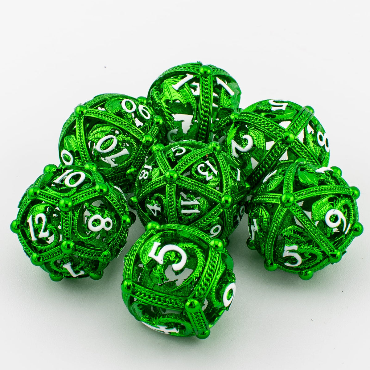 Emerald Wyrm Cage | Hollow Metal D&D Dice Set | 7 Piece