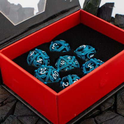 Azure Dragon Orb | Hollow Metal D&D Dice Set | 7 Piece