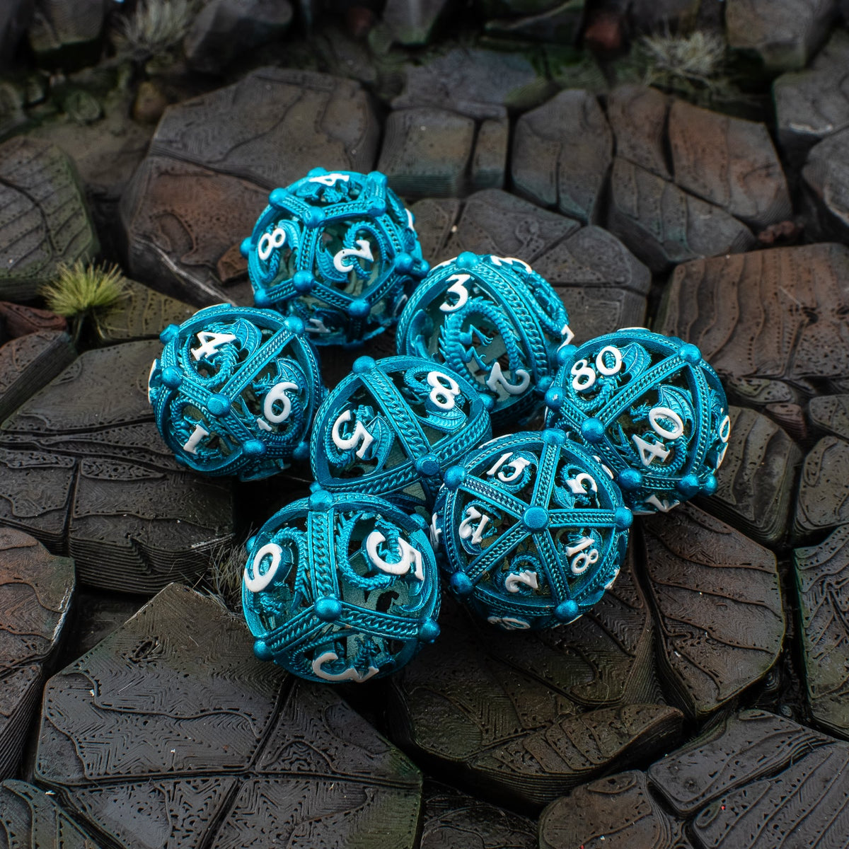 Azure Dragon Orb | Hollow Metal D&D Dice Set | 7 Piece