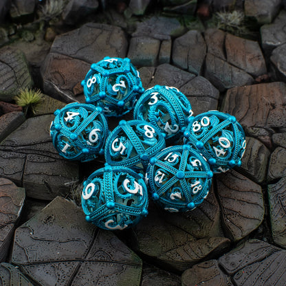 Azure Dragon Orb | Hollow Metal D&D Dice Set | 7 Piece