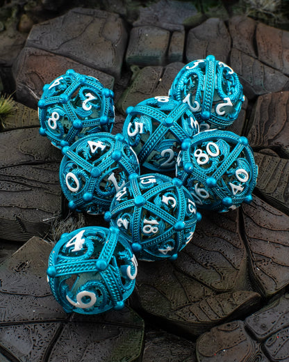Azure Dragon Orb | Hollow Metal D&D Dice Set | 7 Piece