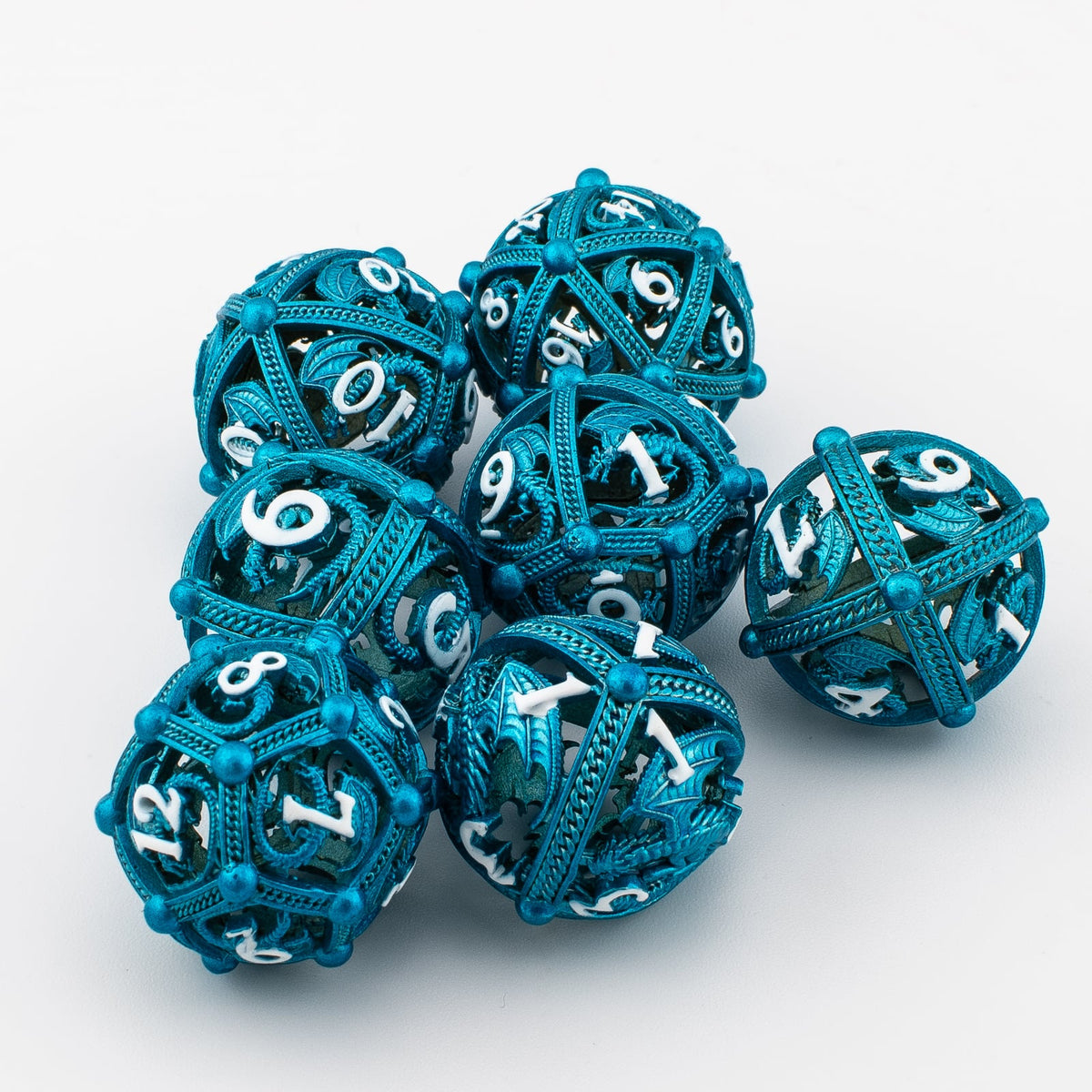 Azure Dragon Orb | Hollow Metal D&D Dice Set | 7 Piece