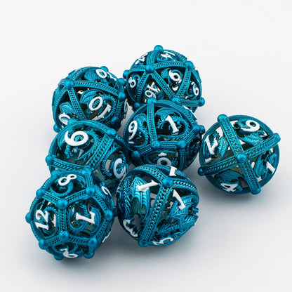 Azure Dragon Orb | Hollow Metal D&D Dice Set | 7 Piece