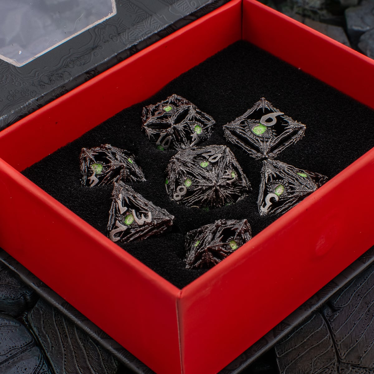 Venom Dragon Eye | Hollow Metal D&D Dice Set | 7 Piece