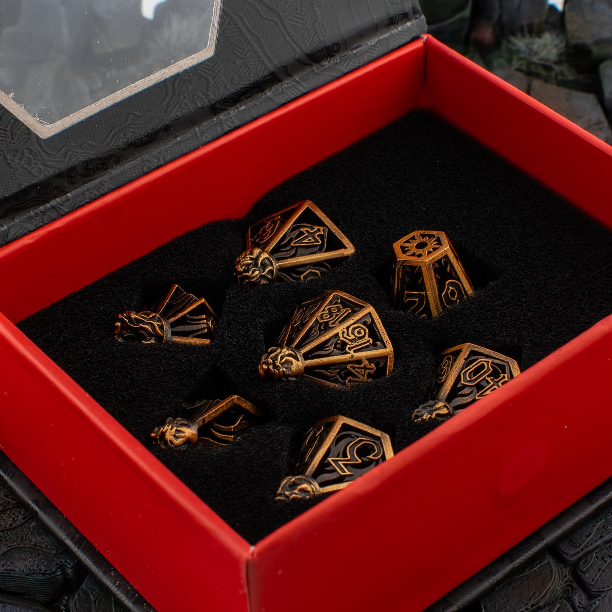 Spark Bottle Lantern | Hollow Metal D&D Dice Set | 7 Piece