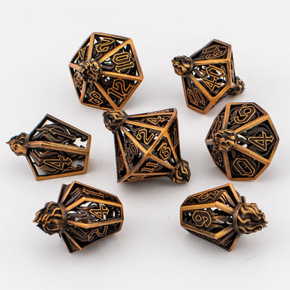 Spark Bottle Lantern | Hollow Metal D&D Dice Set | 7 Piece