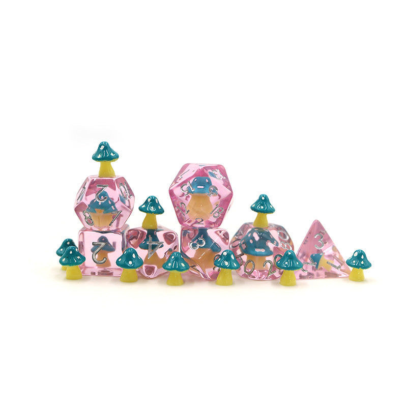 Teal Mushies | Resin Inclusion Dice | 7 Piece Set