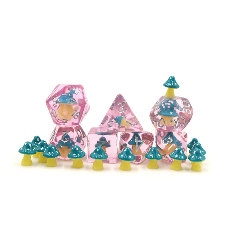 Teal Mushies | Resin Inclusion Dice | 7 Piece Set