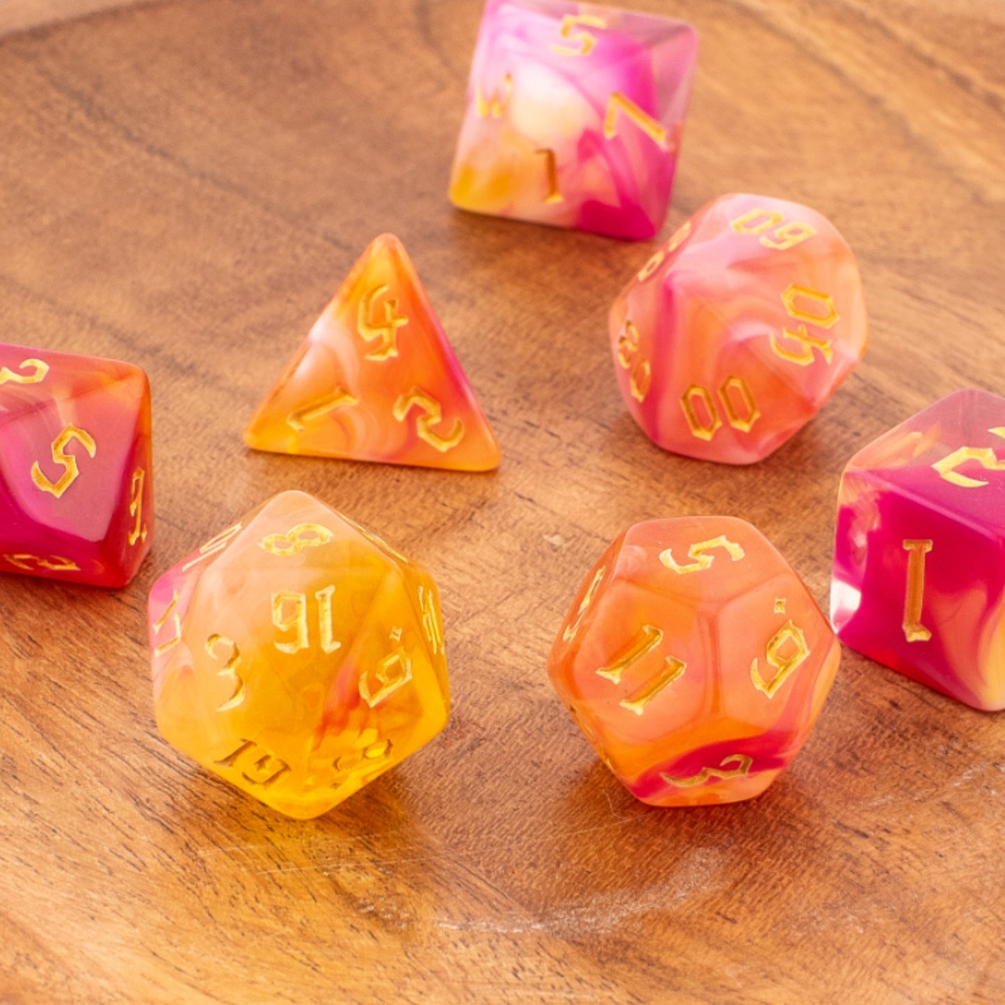 Sunset Swirl | Soft Edge Dice | Acrylic | 7 Piece Set