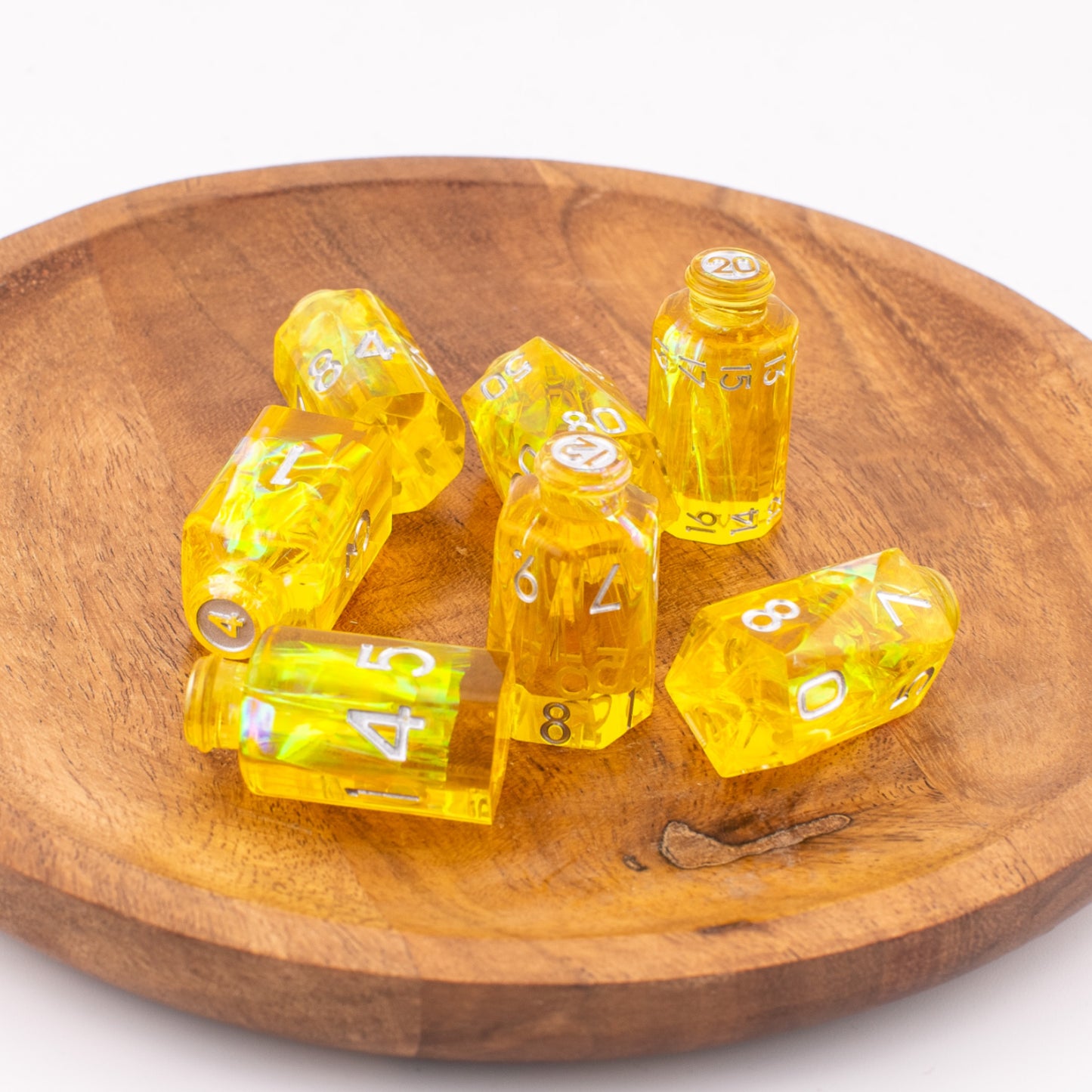 Golden Alchemy | Potion Bottle Resin Dice | Sharp Edge Dice | 7 Piece Set