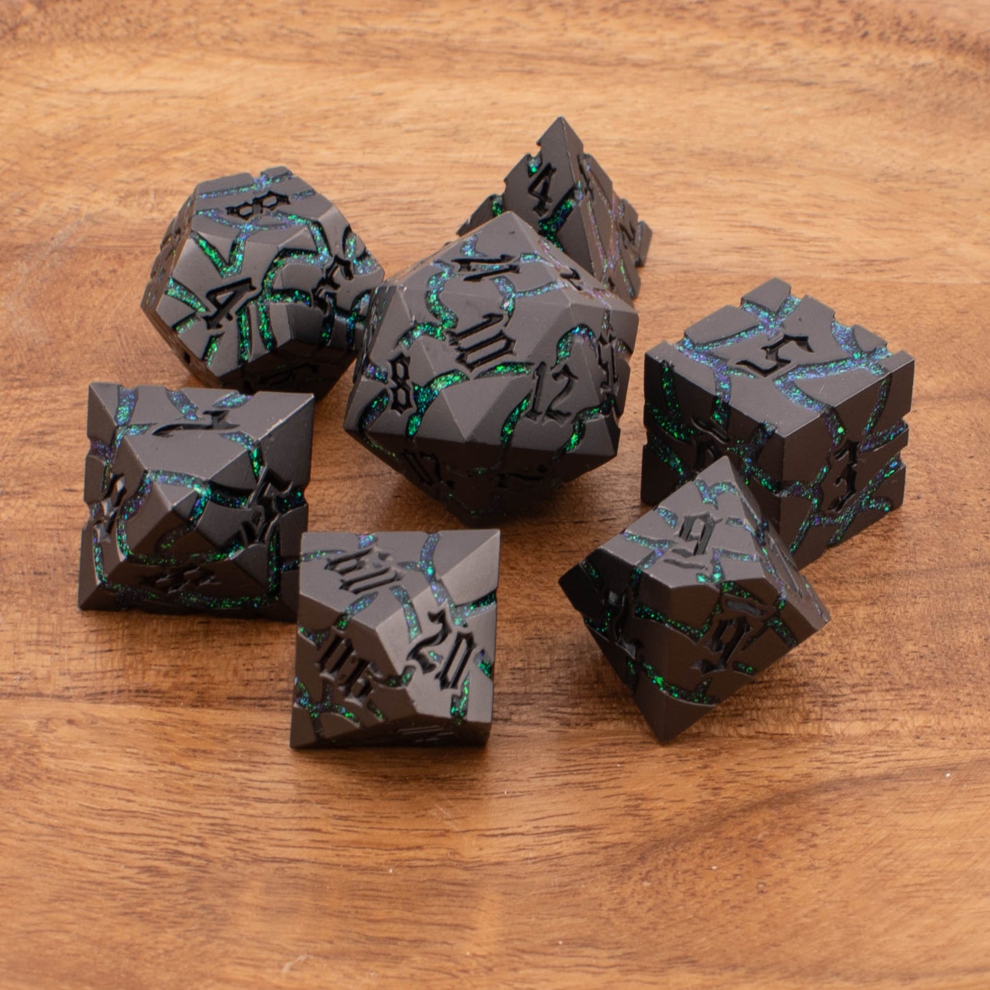 Abyssal Verdant | Cracked Metal Dice | Zinc Alloy | 7 Piece Set