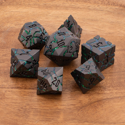 Abyssal Verdant | Cracked Metal Dice | Zinc Alloy | 7 Piece Set