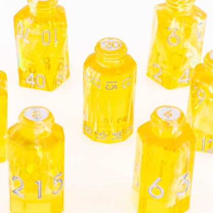 Golden Alchemy | Potion Bottle Resin Dice | Sharp Edge Dice | 7 Piece Set