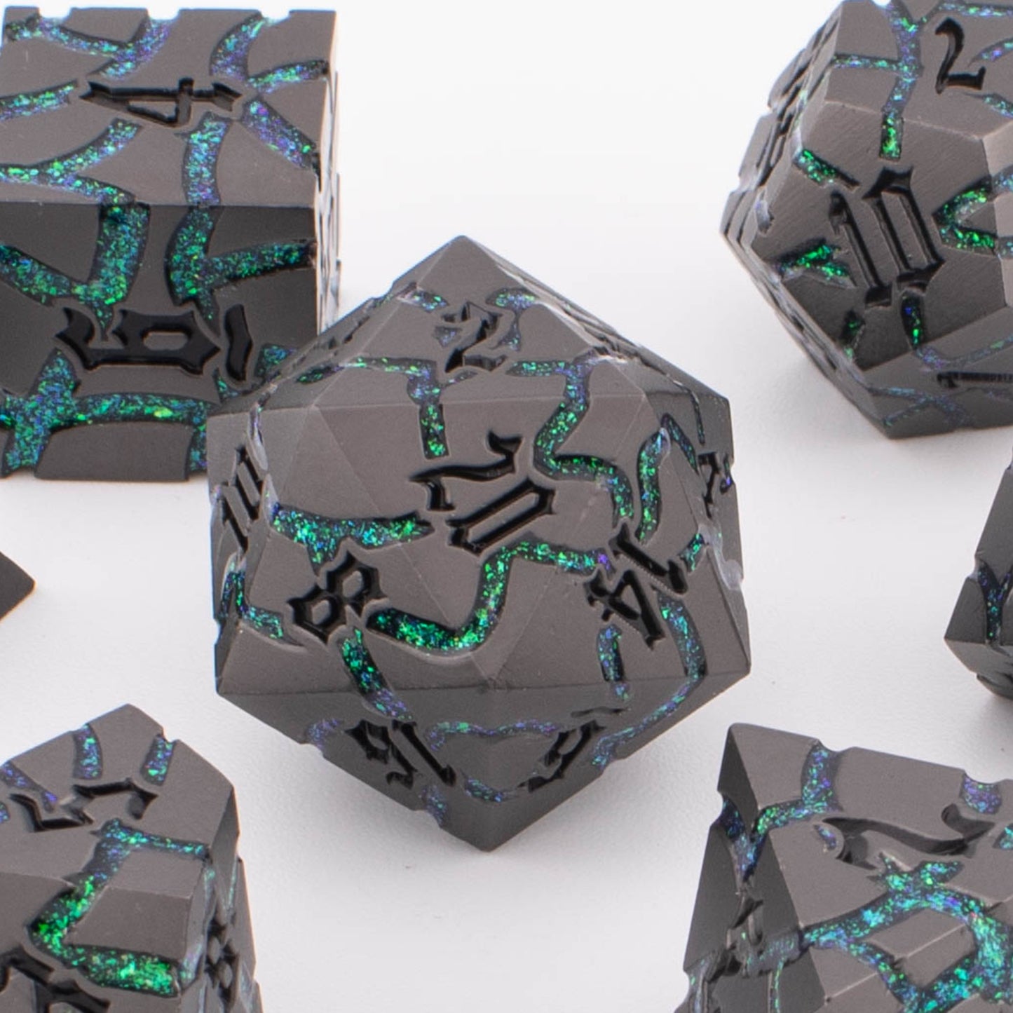 Abyssal Verdant | Cracked Metal Dice | Zinc Alloy | 7 Piece Set