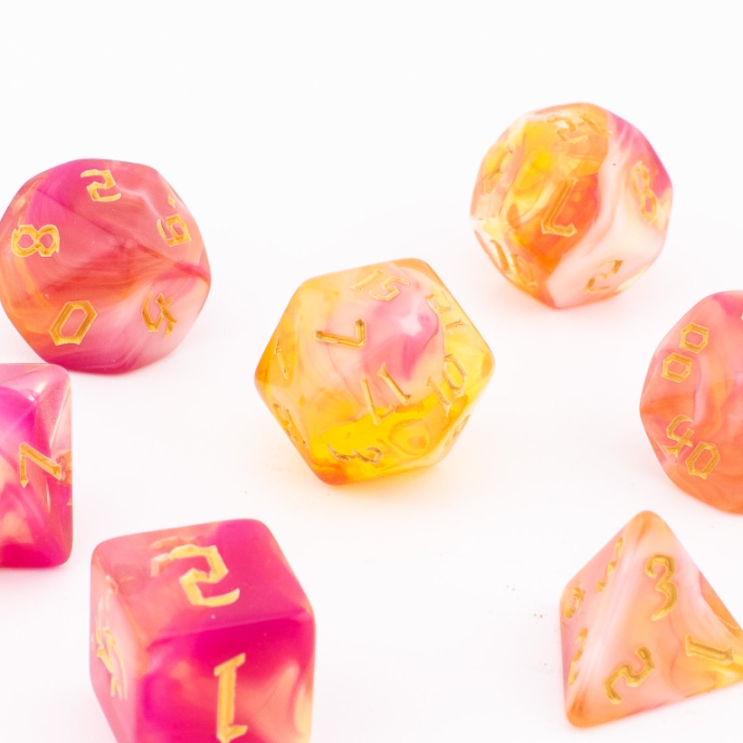 Sunset Swirl | Soft Edge Dice | Acrylic | 7 Piece Set