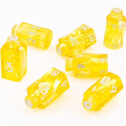 Golden Alchemy | Potion Bottle Resin Dice | Sharp Edge Dice | 7 Piece Set