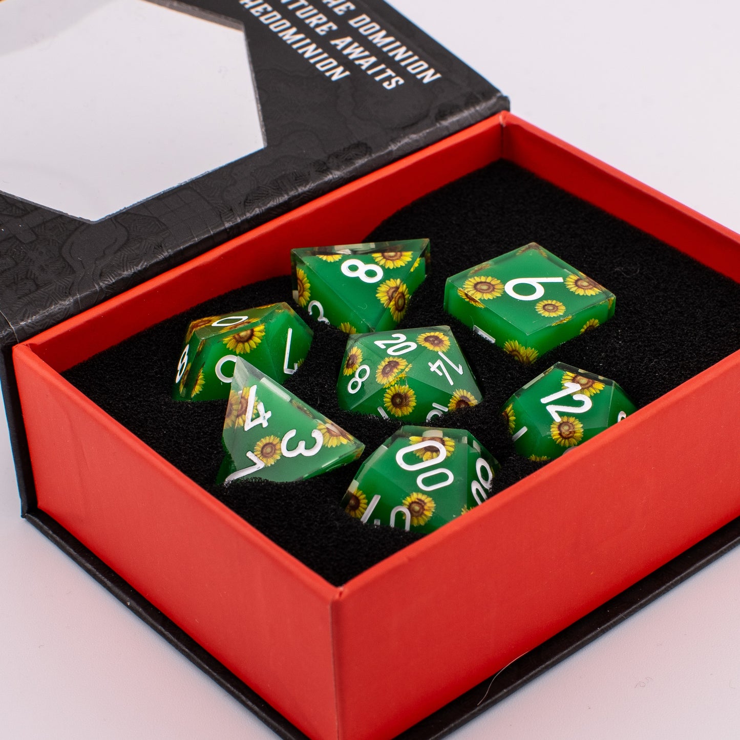 Unseen Strength | Sunflower Art Core Resin DND Dice Set | Sharp Edge | 7 Piece Set