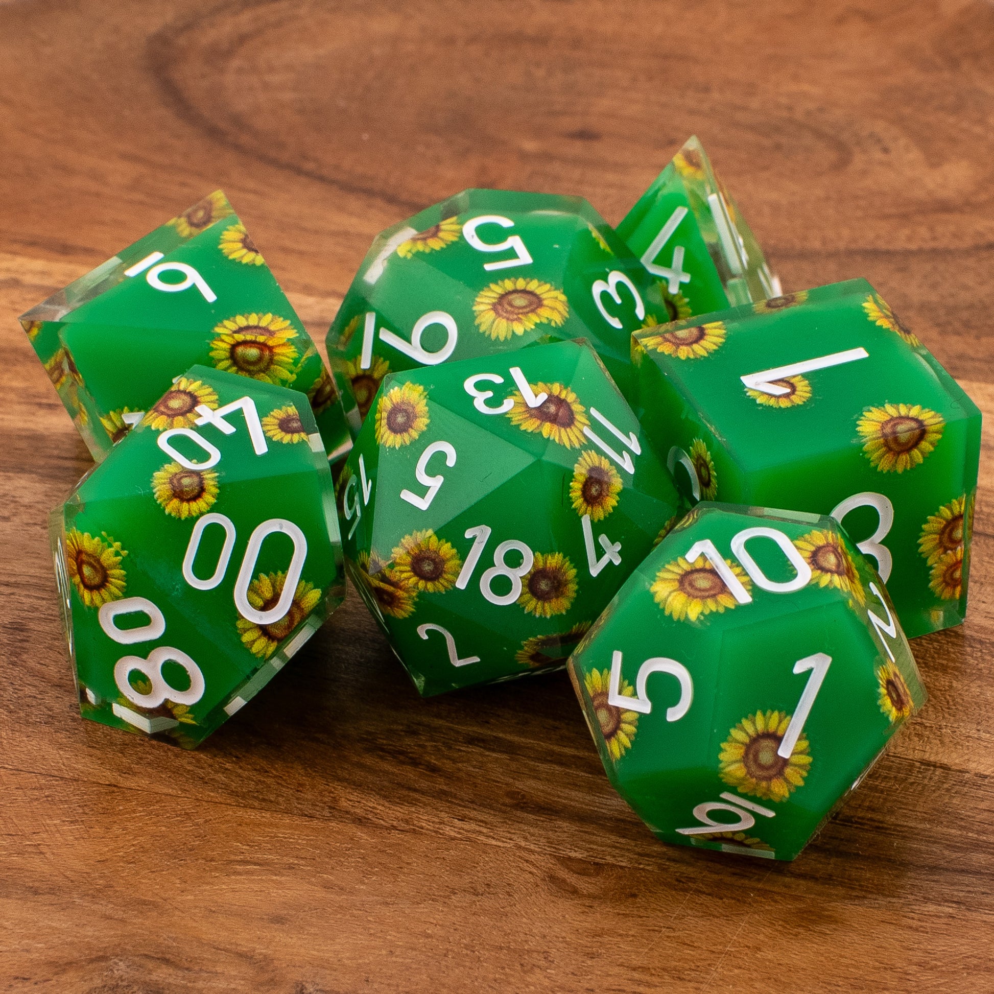 Unseen Strength | Sunflower Art Core Resin DND Dice Set | Sharp Edge | 7 Piece Set