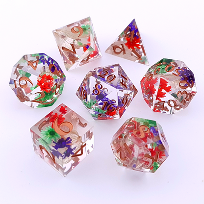 Clearly Flowers | Sharp Edge Dice | 7 Piece Set