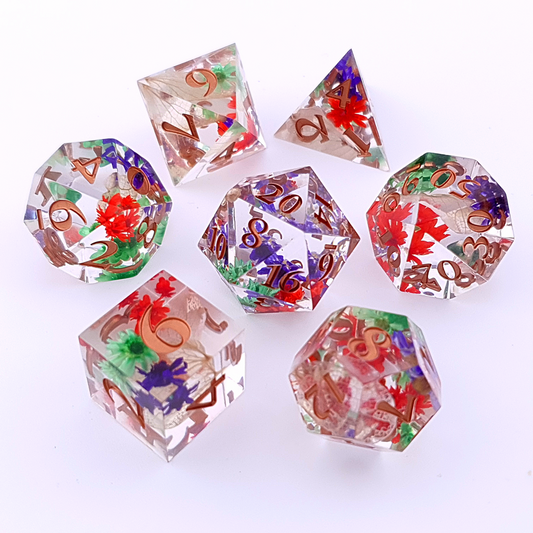 Clearly Flowers | Sharp Edge Dice | 7 Piece Set