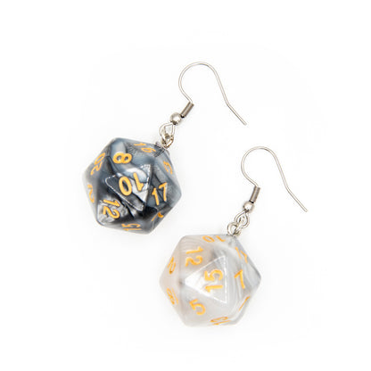 D20 Earrings | Grey & White Swirl